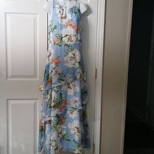 Est 1946 blue white peach sleeveless floral print layered dress Sz M EUC